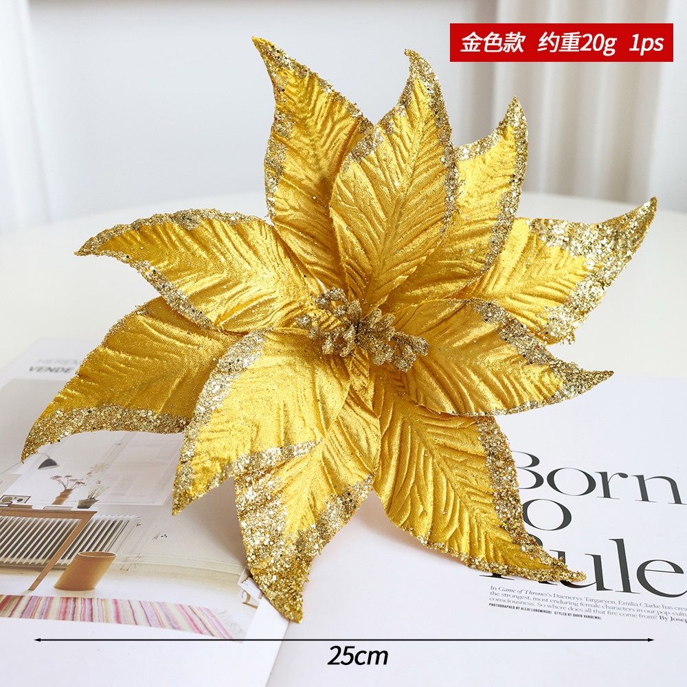 Flores y hojas artificiales con brillo para árbol o arreglos navideños, decoración elegante