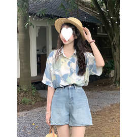 法式浪漫复古油画印花短袖衬衫女2025夏季新款撞色POLO领别致上衣