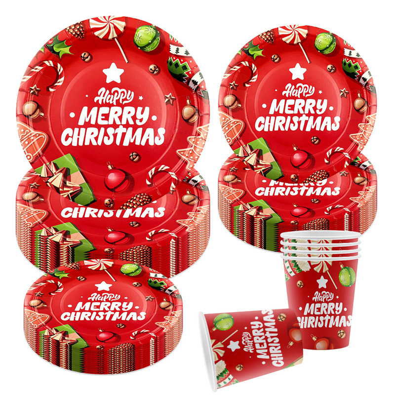 Cross-Border Amazon Christmas Paper Plates and Cups Party Supplies Disposable Paper Plates Dinner Plates Party Decoration Supplies