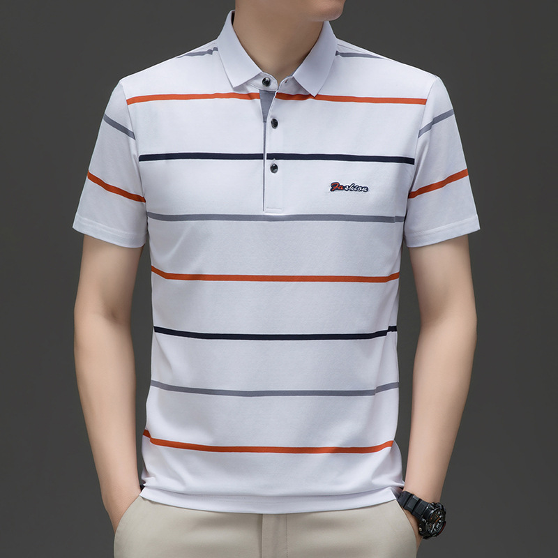 Exclusivo transfronterizo para verano nuevo estilo de algodón bordado de manga corta camiseta de hombre a rayas casual solapa de gran tamaño camisa POLO para hombre