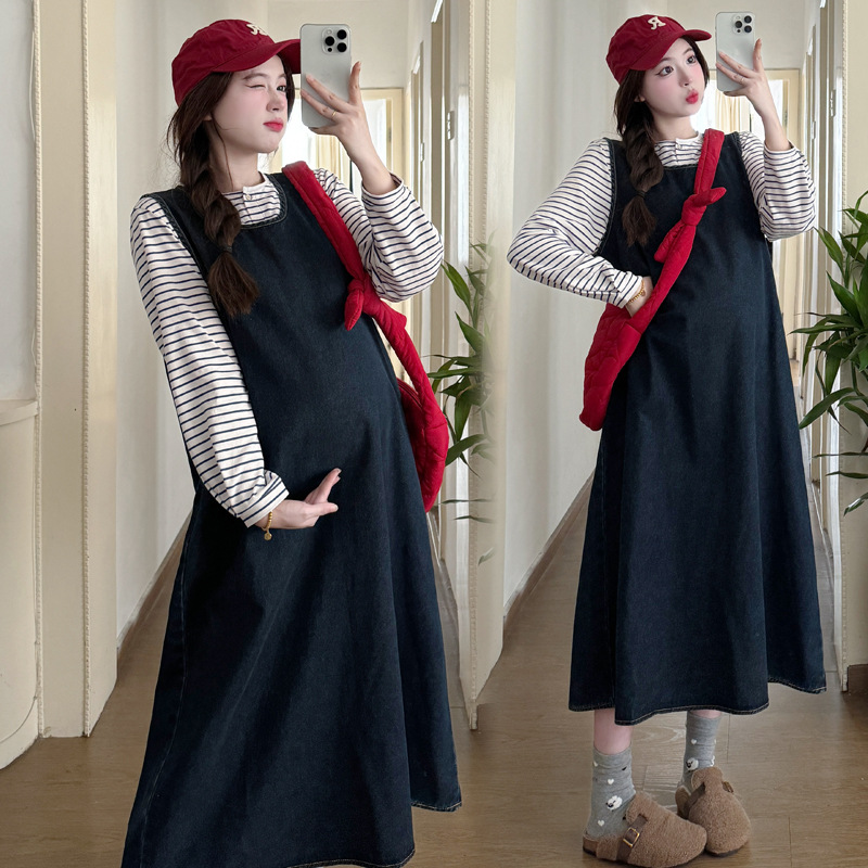 Autumn long fashionable denim dress for pregnant