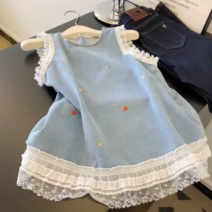 Petite Lace Spliced ​​Denim Top for Women 2025 Summer New Style Vest Super Nice Trendy Shirt