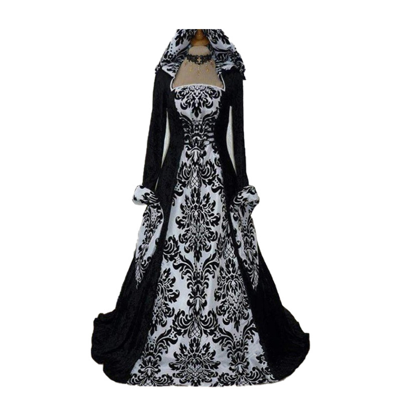 Las mujeres europeas y americanas populares cena medieval con capucha gran swing vestido impreso retro artístico de manga larga con cordones de cintura