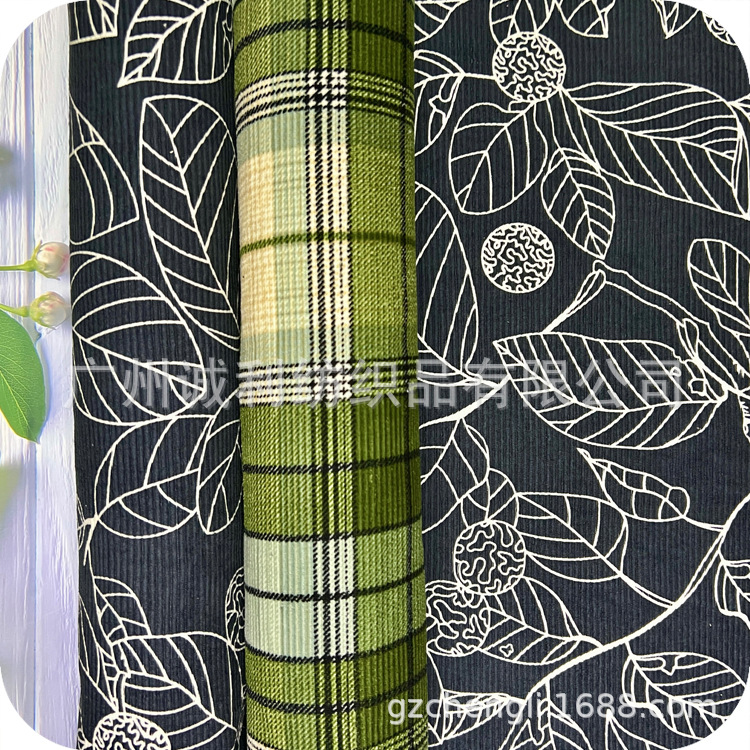 클래식 체크 무늬 세트 코듀로이 인쇄 직물 일본 검은 회색 잎 꽃 바지 직물 사각형 단색 꽃 천