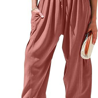 25 New Export Amazon Temu European and American Clothing Elastic Waist Pleated High Waist Wide Leg Loose Harem Cotton and Linen Long