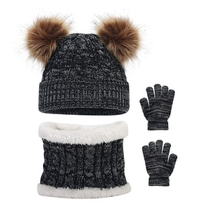 Cross-Border Children's Double-Ball Knitted Hat, Scarf and Gloves Three-Piece Set New Winter Mixed-Color Woolen Hat for Boys and Girls