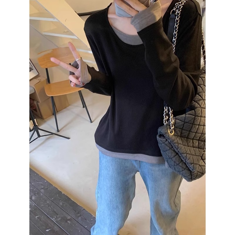 胖MM显瘦宽松假两件内搭长袖上衣女2025秋季设计感撞色拼接打底衫|undefined