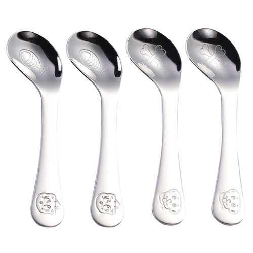 304 stainless steel baby learning eating training spoon, children's crooked mouth and elbow training spoon, creative cartoon baby spoon