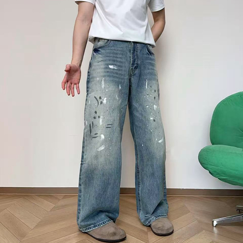 Gran tamaño de estilo americano de la calle alta pintado jeans de pierna de varón nuevo otoño retro hacer viejos chantalones de viento