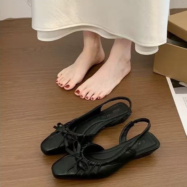 Sandalias de Tacón Bajo con Moño para Mujer de PU con Banda Elástica para Verano