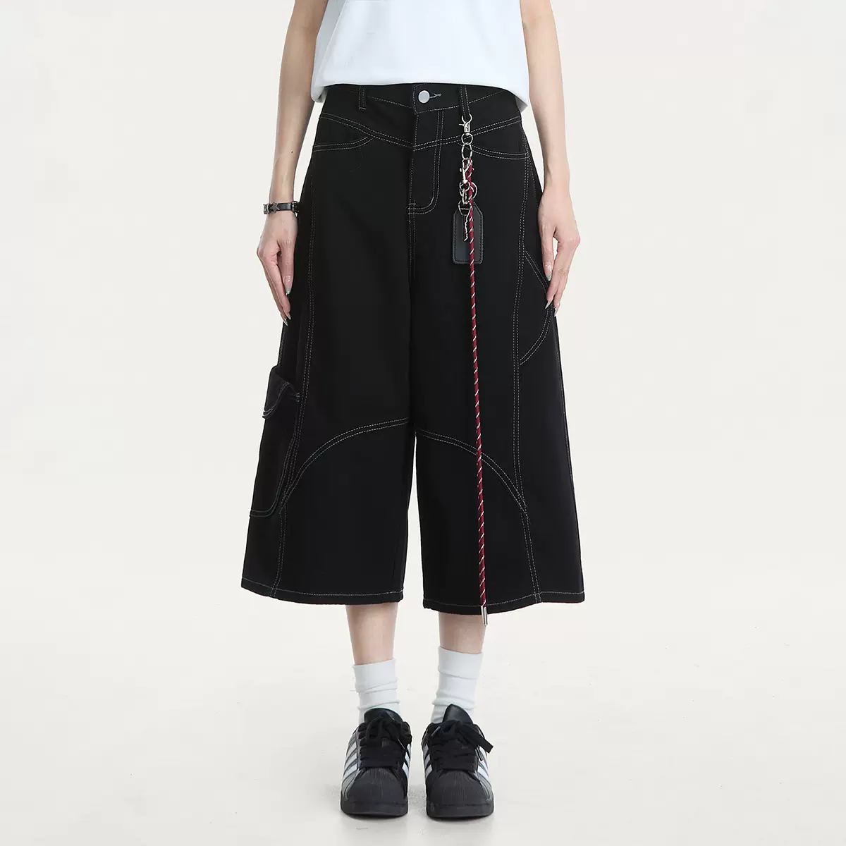 美式复古红色弯刀牛仔裤男夏季新款宽松bf慵懒风休闲百搭七分裤子