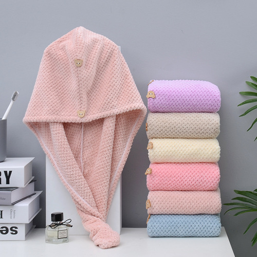 Coral velvet pineapple grid dry hair cap double thickened cute shower cap for women super absorbent bag hair towel wholesale