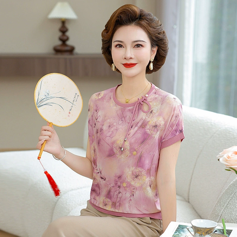 Модная летняя футболка с короткими рукавами для женщин среднего и пожилого возраста с принтом 2025 новый топ для мамы с рукавами летучей мыши