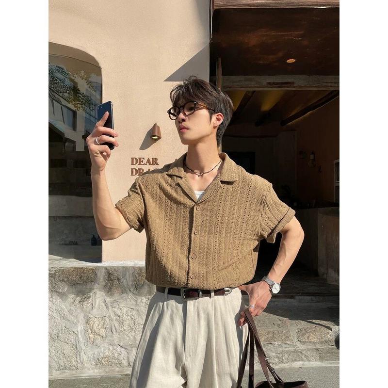 High-End Hollow-Out Cuban Collar Short-Sleeve Shirt for Men, 2026 Summer New Style, Loose Casual Retro Half-Sleeve Shirt for Men