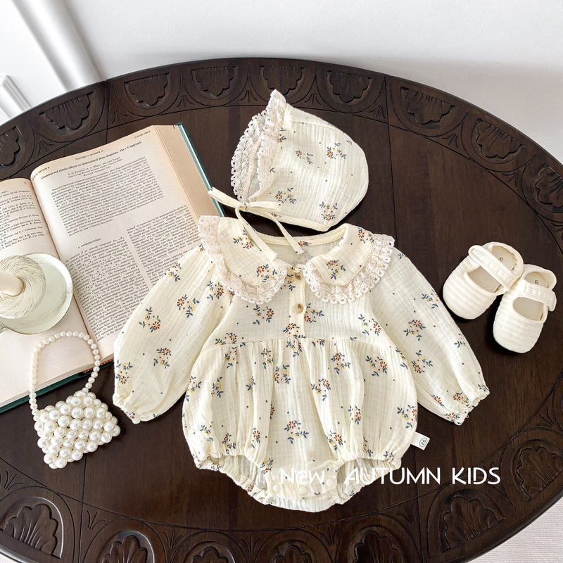 Baby Floral Romper with Small Left and Right Details, Spring Korean Style Doll Collar Jumpsuit for Baby Girls, Baby Outing Clothes