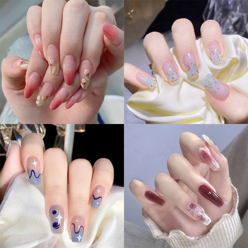 Hot Wearing Nail Piece Fake Nail Finished Removable Simple Lemon Ice Penetrating Net Popular TikTok Nail Art