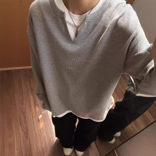 vintage Waffled Fake Two-piece V-neck Sweatshirt Men's Autumn and Winter American Style Retro Heavy cleanfit Long-sleeved T-shirt