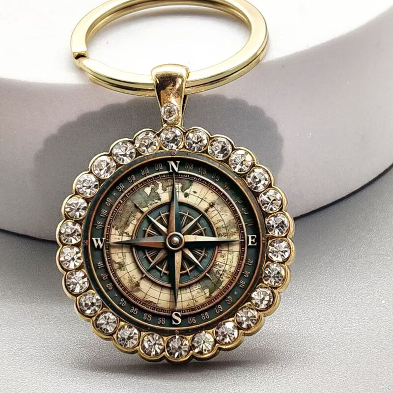 Cross-Border New Retro Compass Design Glass Men's Alloy Round Keychain Anniversary Gift Jewelry Wholesale Cross-Border New Retro Compass Design Glass Men's Alloy Round Keychain Anniversary Gift Jewelry Wholesale