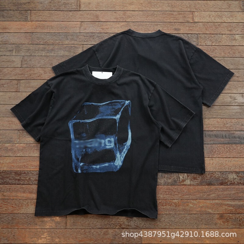 Trendy Clothing Wholesale 2026 New Style Wang Letter Ice Cube Print Rhinestone Heavy Wash Short-Sleeve T-Shirt (Original Label)