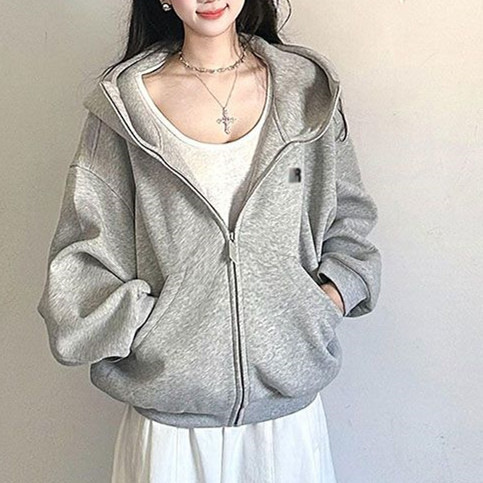 Korean-Style Gray Zip-Up Hooded Sweatshirt for Women, Autumn and Winter Heavy-Duty High-Neck Loose Jacket, Lazy Style Cardigan Top