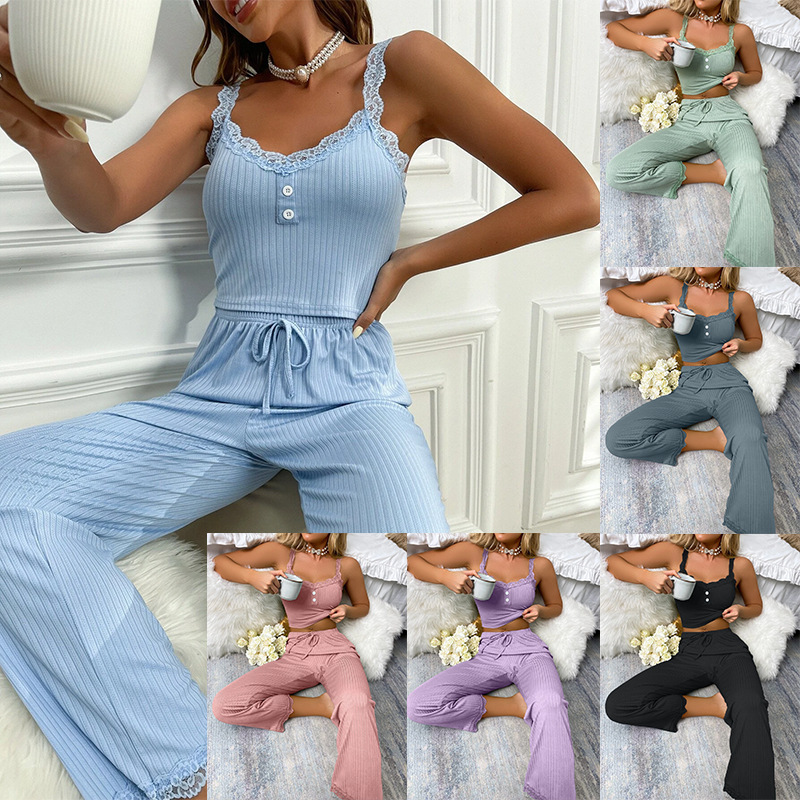 Cross-Border Casual Pajamas for Women Summer Lace Suspenders Trousers European and American Women's Home Wear Two-Piece Set Sexy Lace