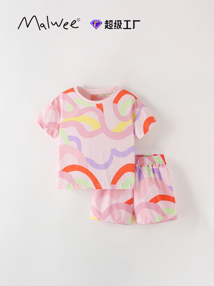 Traje de niña malwee transfronterizo verano nuevo estilo europeo y americano niños pequeños y medianos cuello redondo camiseta de manga corta pantalones de dos piezas