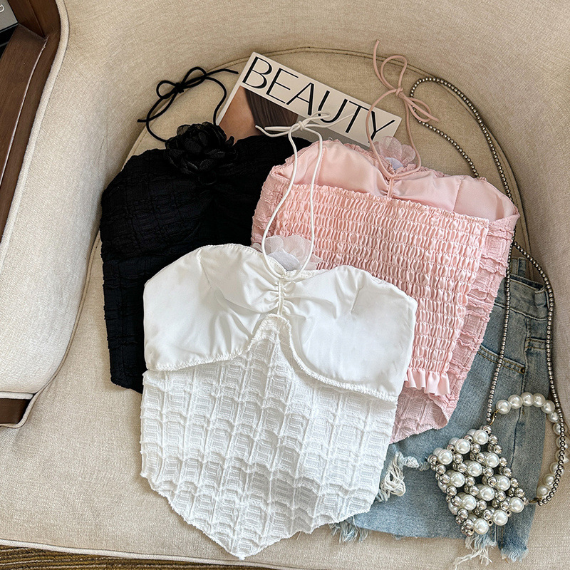 Chaleco de eslinga irregular de cuello colgante hueco de dopamina flor blusa de tubo dulce y picante contacto con ropa interior con almohadilla para el pecho