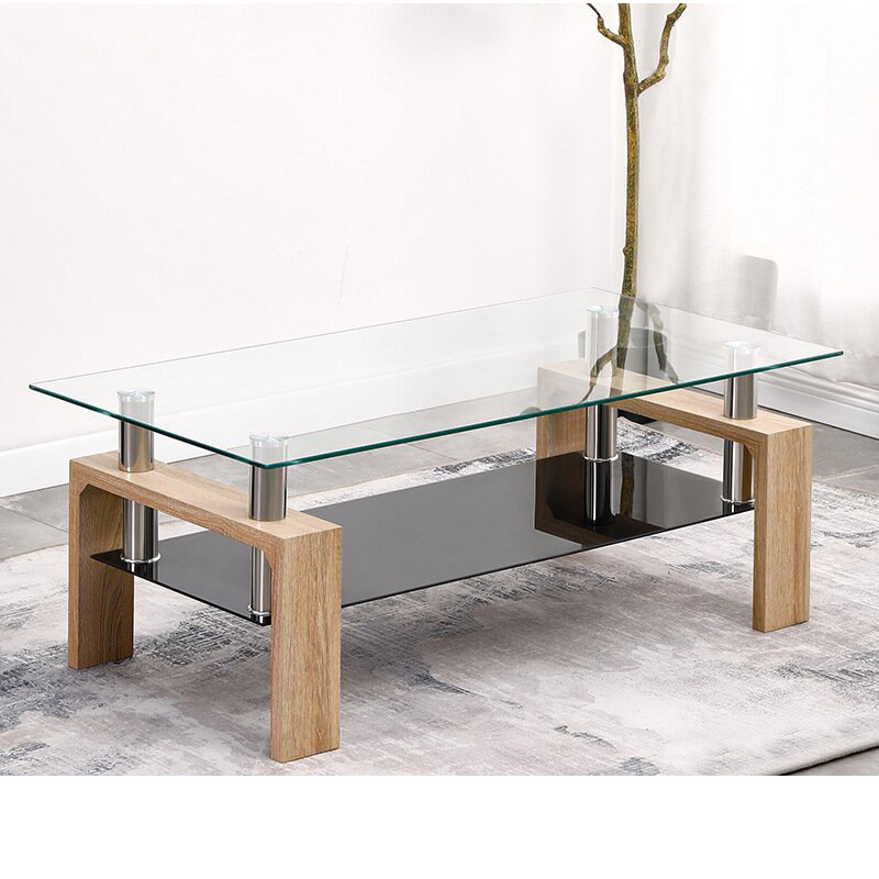 Mesa de café, mesa de té de vidrio templado, sala de estar, mesa de té rectangular doméstica, mesa de té de doble capa de lujo, mesa de té de oficina