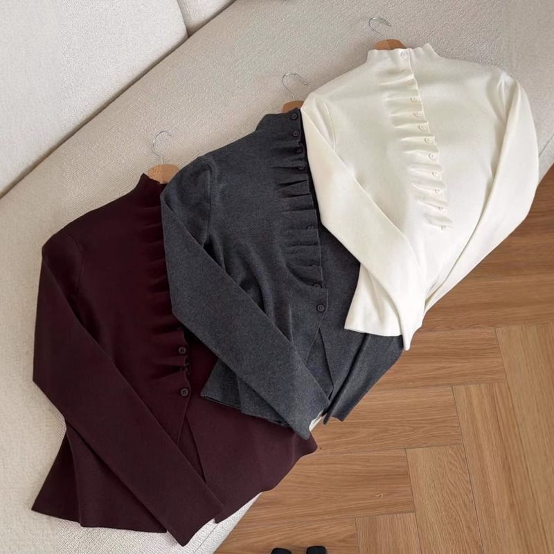 Amazon Cross-Border 2026 New Foreign Trade European and American Simple Slim-Fit Buttoned Pleated Stand-Collar Commuter Workplace Top Amazon Cross-Border 2026 New Foreign Trade European and American Simple Slim-Fit Buttoned Pleated Stand-Collar Commuter Workplace Top