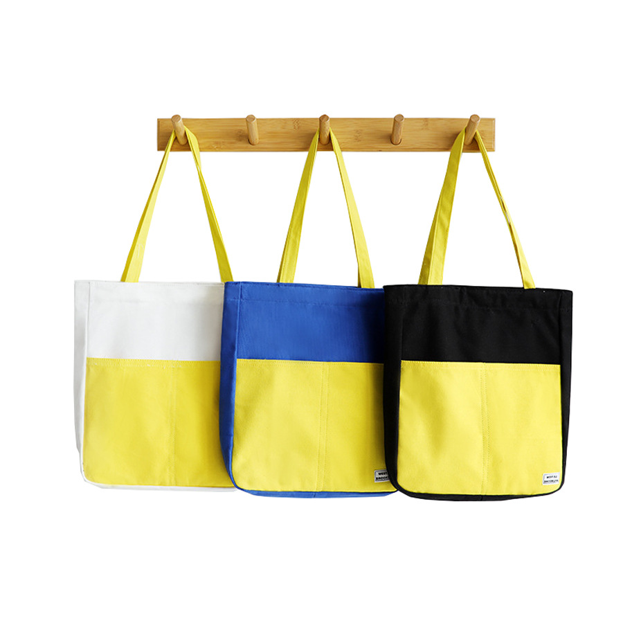 手提帆布包大容量帆布袋撞色休闲学生书包外大口袋单肩挎包购物袋