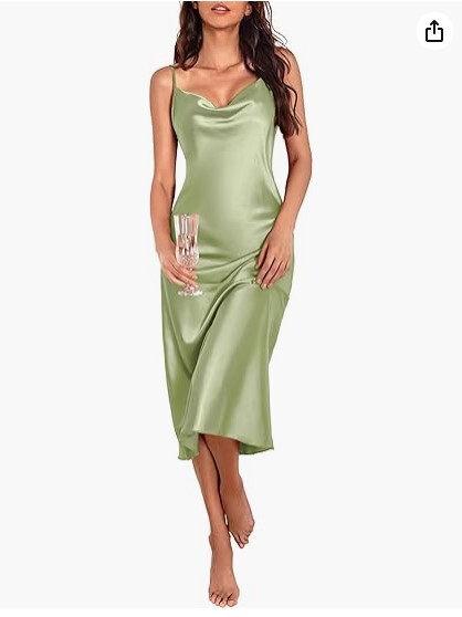 Women's Satin Pajamas, Sexy Lingerie, Spaghetti Strap, Stacked Collar, Elegant Long Camisole, Satin Silk Mid-Length Dress