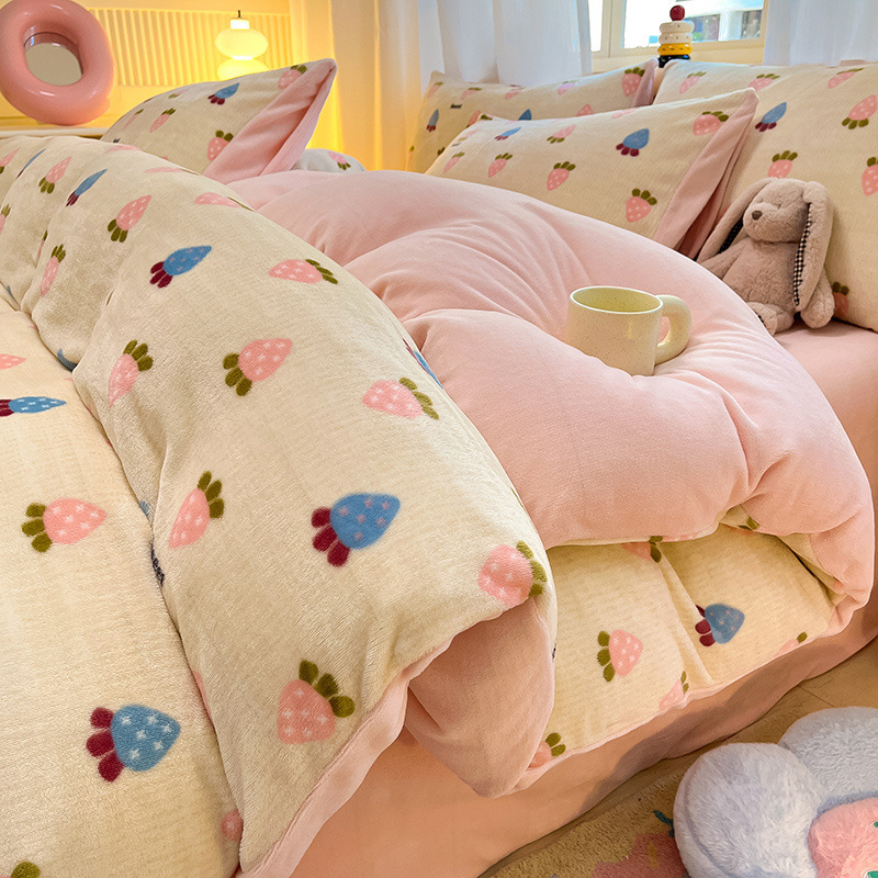Invierno engrosado 2025 nuevo conjunto de cuatro piezas de lana de leche de doble cara edredón de coral sábanas de tres piezas