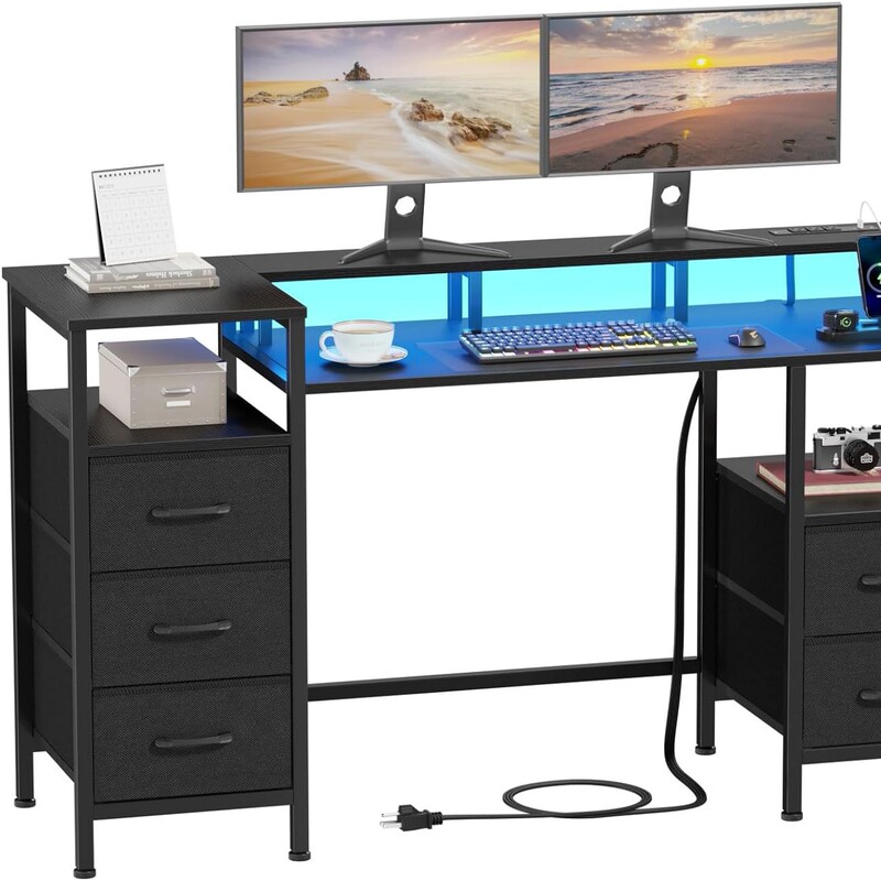 Computer Desk with Power Outlet and Led Lights Reversible Gaming Desk with 5 Bedroom Fabric Drawers