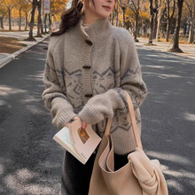 欧货复古费尔岛几何提花翻领针织开衫女秋冬季新款高级感外套女装