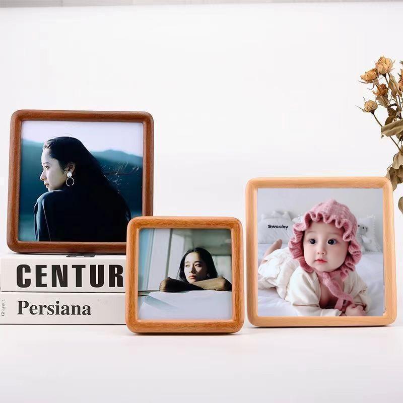 Square Solid Wood Photo Frame for Tabletop or Wall Hanging with Rounded Corners for Children 
 Inch-Sized Wooden Calligraphy and Painting Album Frame DIY Baby Simple Style