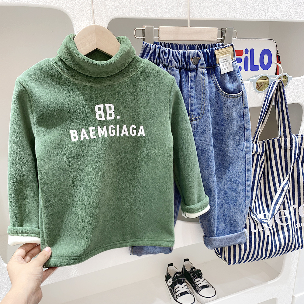 Letra simple Top forrado de lana 2023 Otoño e Invierno Camisa de fondo compuesta de terciopelo de una sola pieza para niños nuevos top de manga larga para bebés