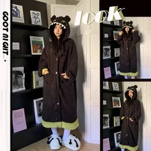 新款冬季睡衣女无牙仔珊瑚绒连帽加绒加厚保暖卡通可爱家居服睡袍