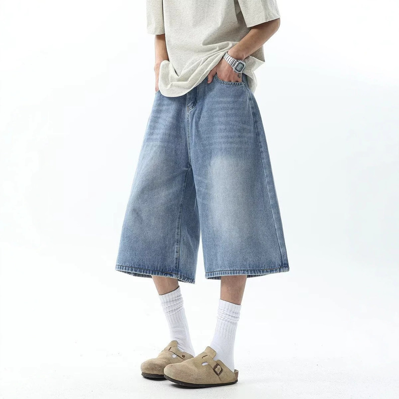Trendy Straight-Leg Shorts with American Style, Washed New Style, Loose Fit, High-End Wide-Leg Summer Denim Shorts for Women, Retro for Men