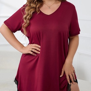 Europe and the United States cross-border women's pajamas sexy lace round neck loose short sleeve nightgown plus size chubby girl home clothes wholesale