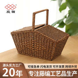 田园风手提篮带盖仿藤编织野餐篮水果点心零食收纳储物筐家居置物