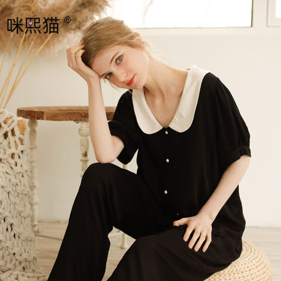 Mi Xi Cat Man Cotton Satin Pajamas Women's Black Chanel Short Sleeve Trousers Cute Princess Home Clothes suit T