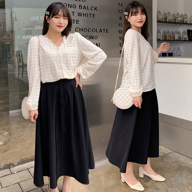 大码女装套装200斤胖mm遮跨高腰半身裙春夏季法式蕾丝上衣2711