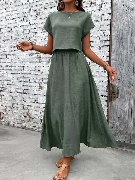 Spot Cross-Border Amazon European and American Aliexpress 2-Piece Women's Solid Color Short-Sleeved Tops and Casual A-Line Skirt Suits