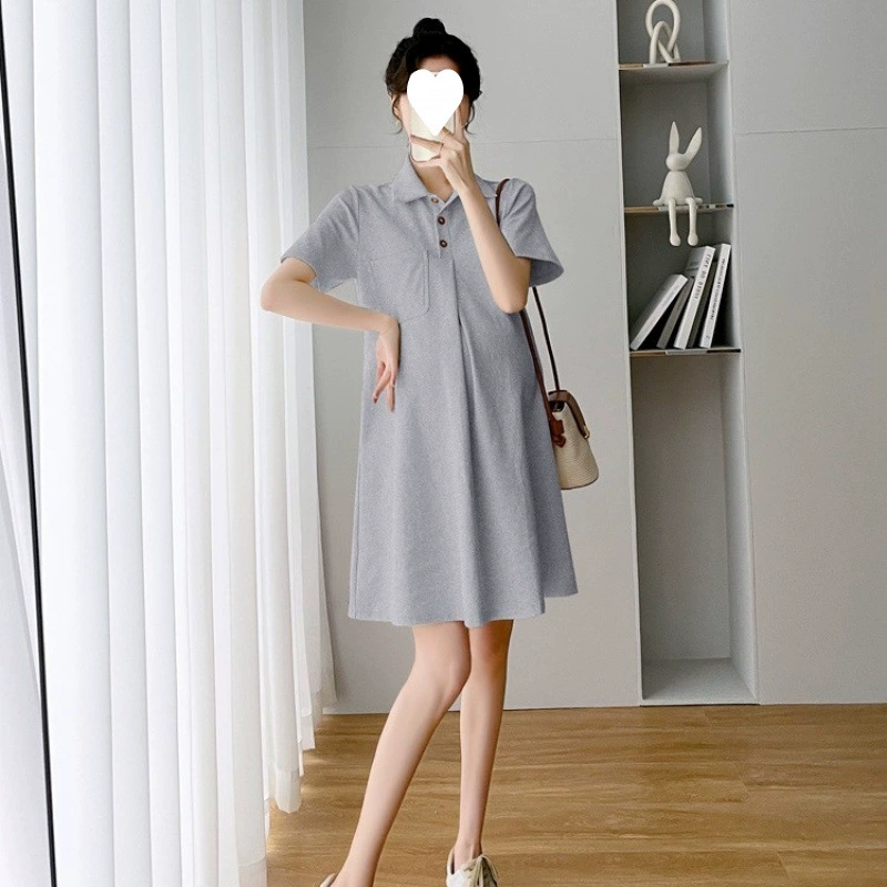 Summer clothing for pregnant, dress, summer skirt, western style, polo collar, with short sleeve, for teenagers, internet celebrity