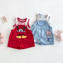 宝宝背心2025新款夏季女童韩版条纹T恤儿童刺绣立体卡通背带裤潮