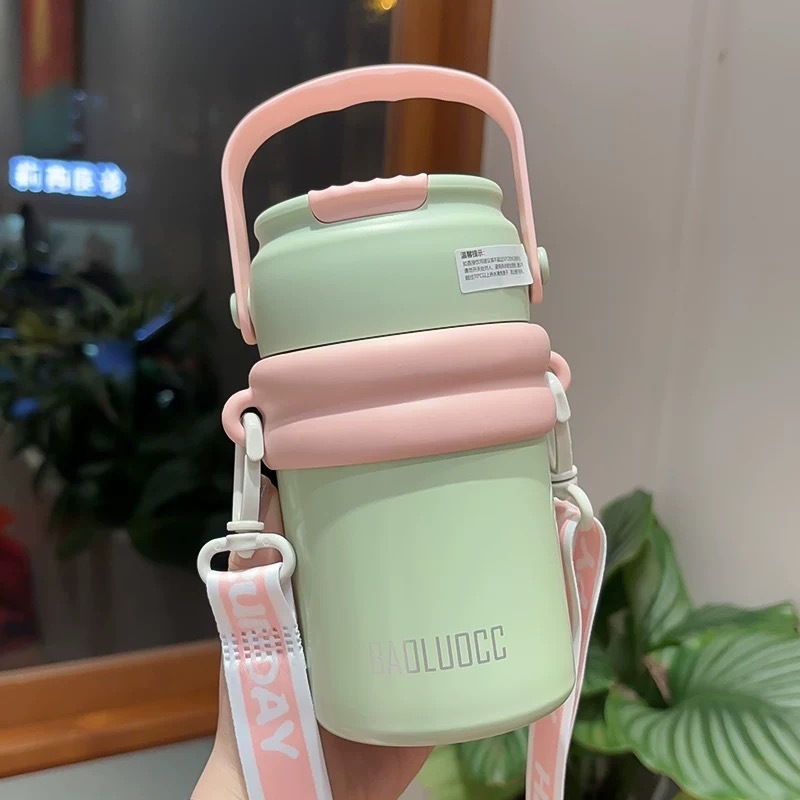 軽豪華油絵高颜値ストローカップ携帯大容量ステンレス保温カップ茶水分離泡カップ携帯|undefined