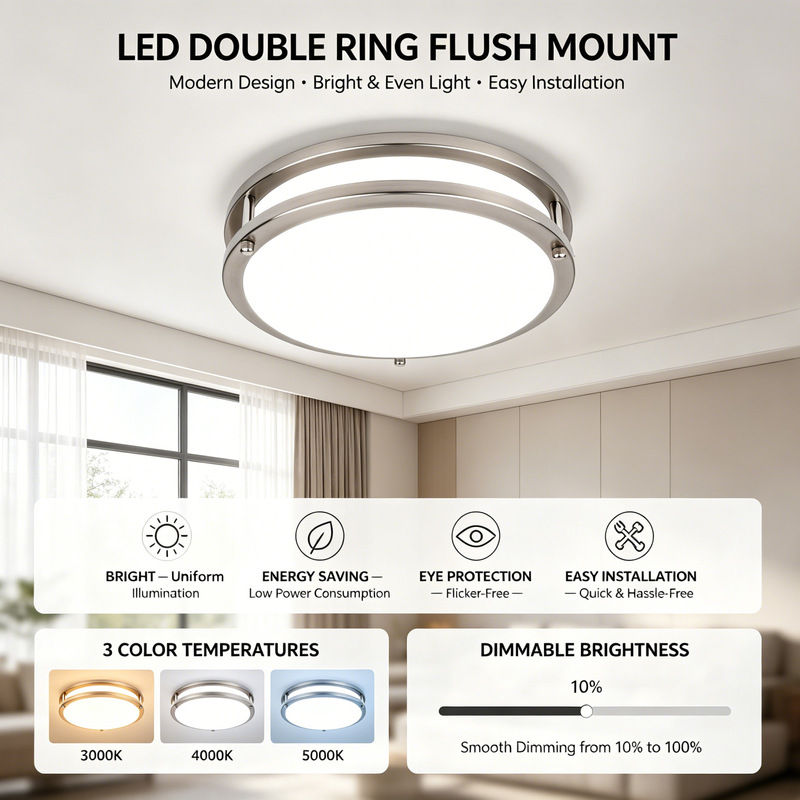 13in 3/5Cct 24-30W Dimmable Flicker-Free Round Nickel-Plated Ceiling Light for Bedroom and Bathroom Use