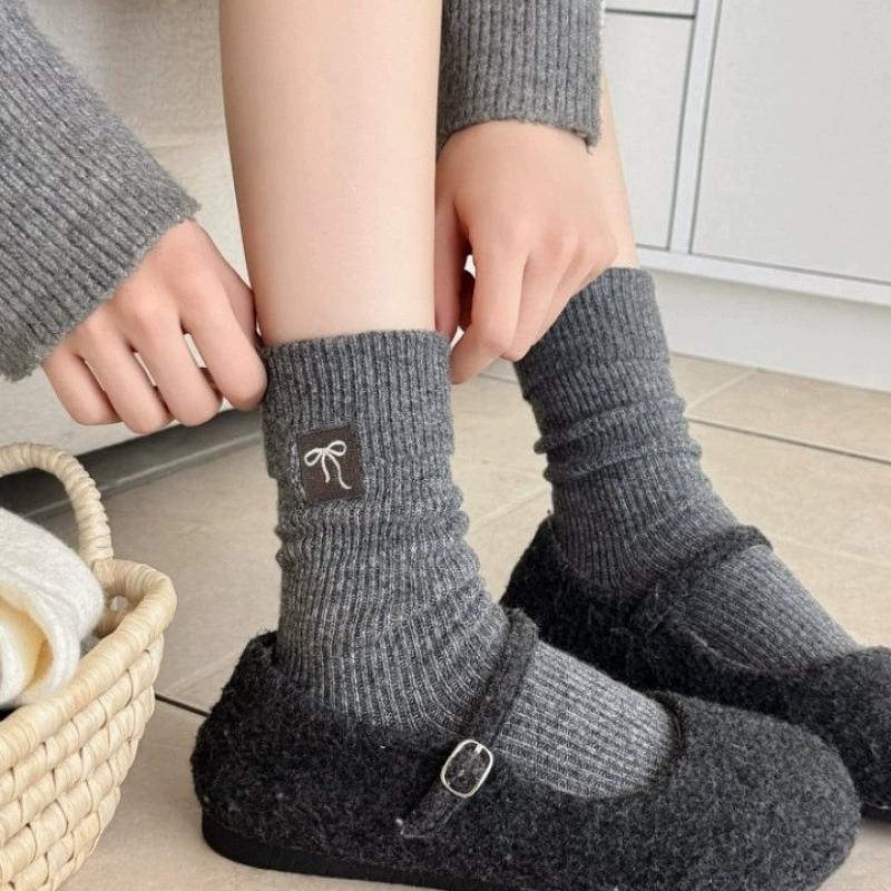  Woolen fleece (нет) keep warm носки с бантом, вышивкой, увеличенная толщина