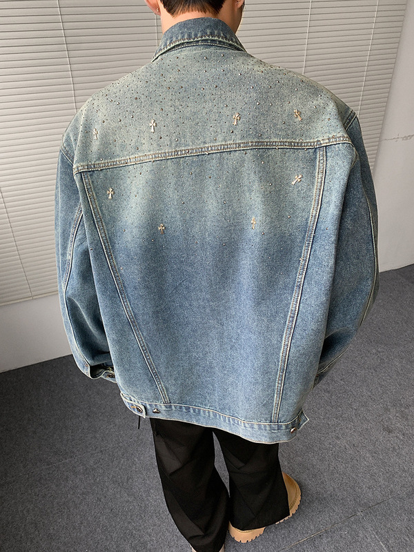 新款男装休闲夹克春秋季 外贸潮流高街十字架烫钻宽松牛仔外套男|undefined