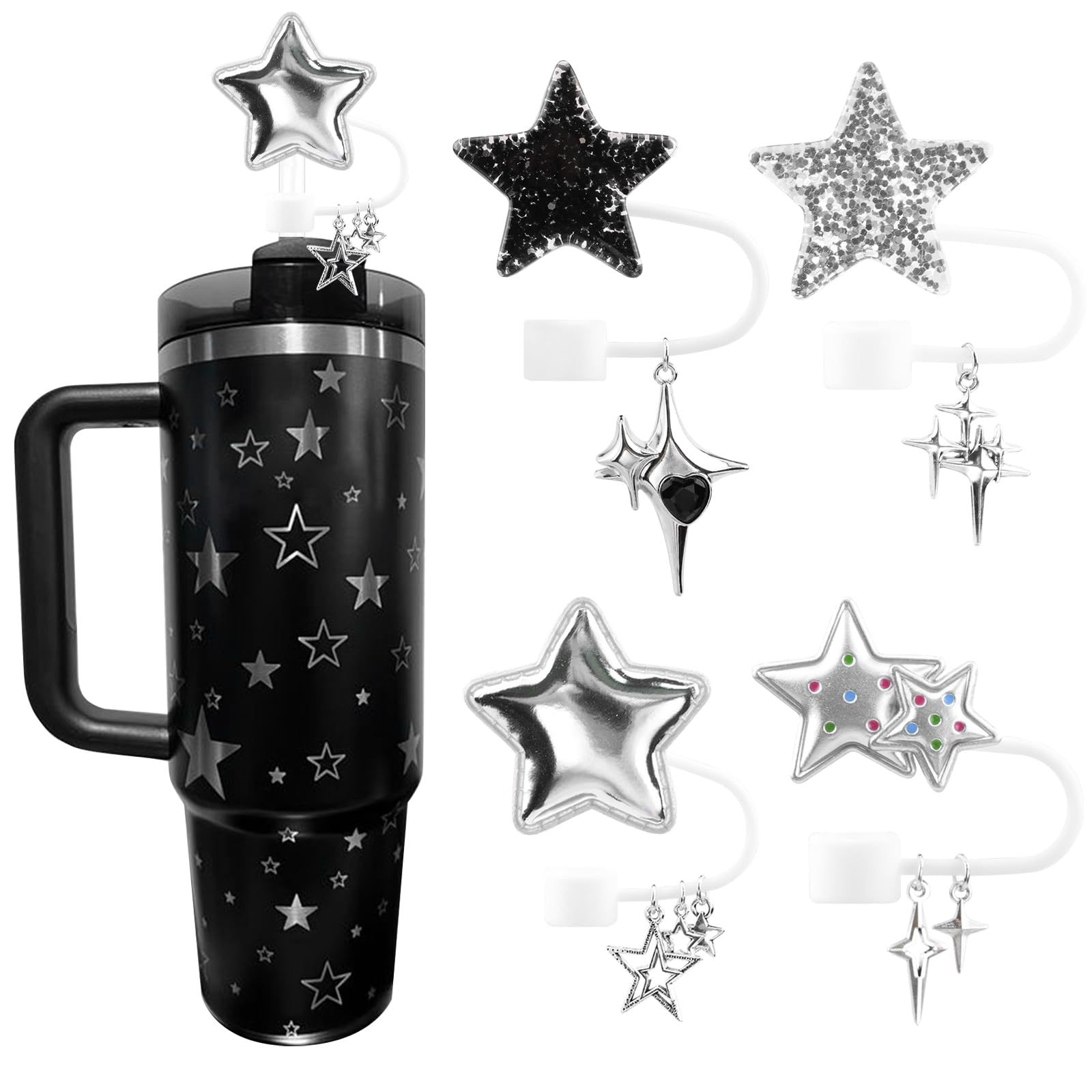 35g Weight Straw Decorative Cap Kitchen and drinking utensils Star, Bow Knot Pattern Cute Style Cute Star Bow Knot Silica Gel Straw Decorative Cap 1 Set 无
